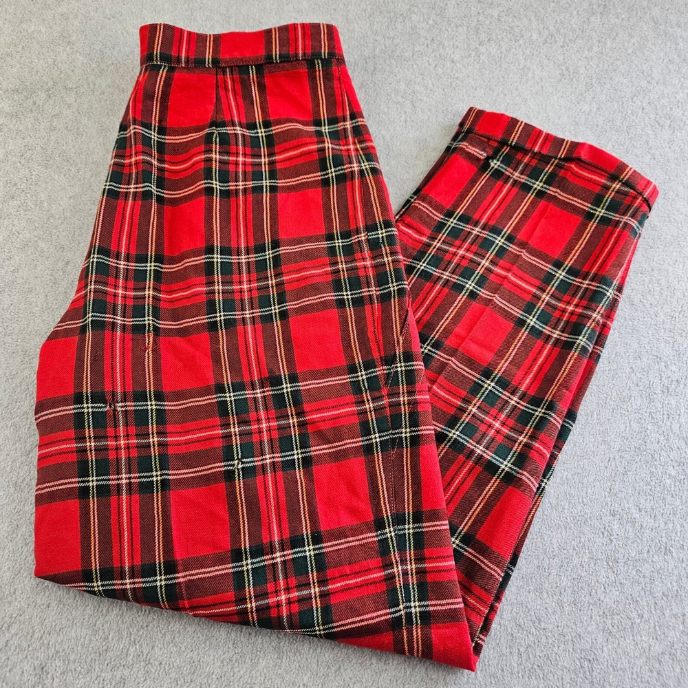 TALBOTS | Red Plaid Wool Trousers Pants Tapered Cuffed Size 14 Holiday Vintage